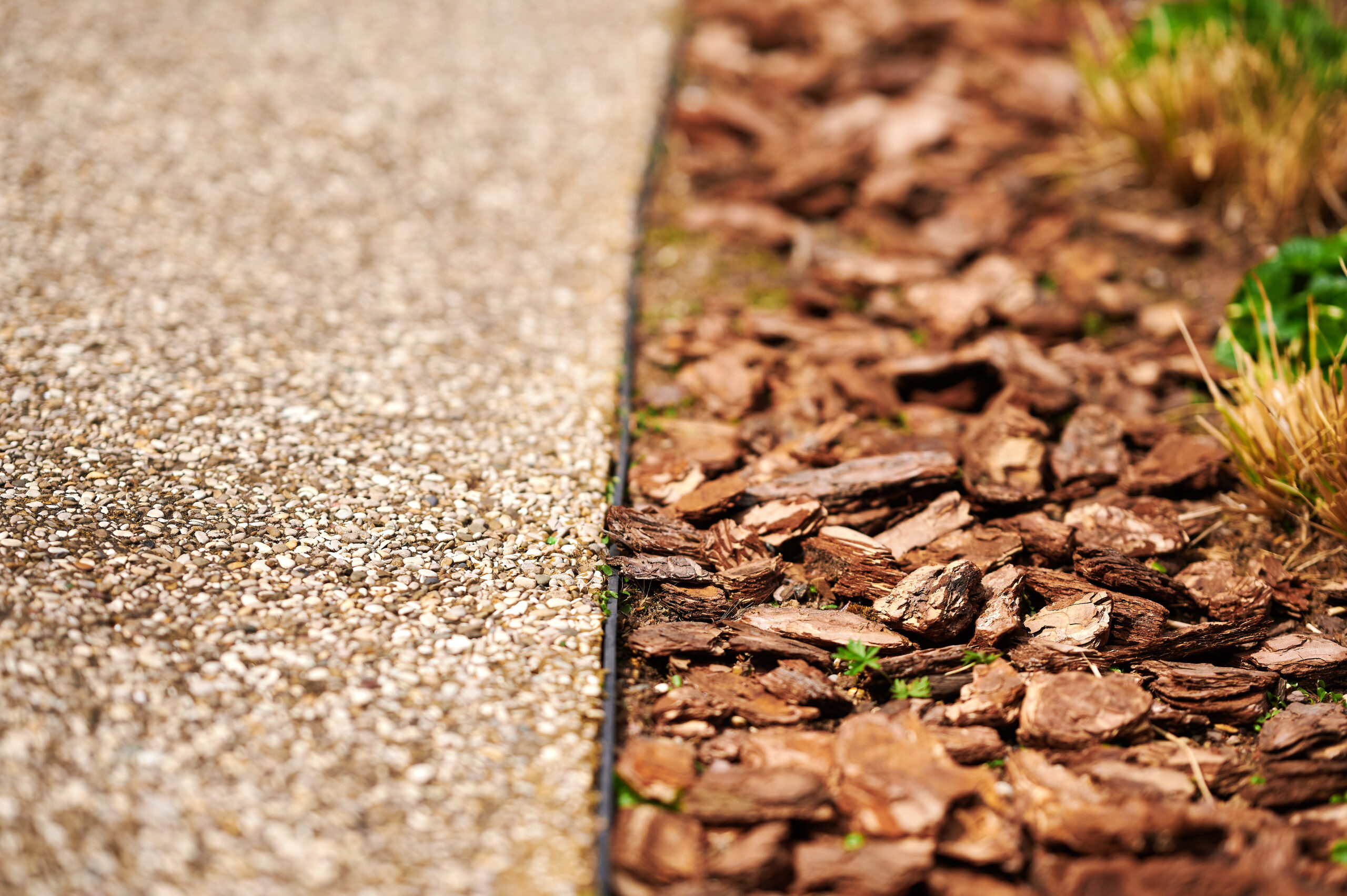garden pathway with mulch design showcasing contrast between textured gravel path and natural bark mulch area. perfect landscaping concept for home gardening enthusiasts, evokes earthy feel.